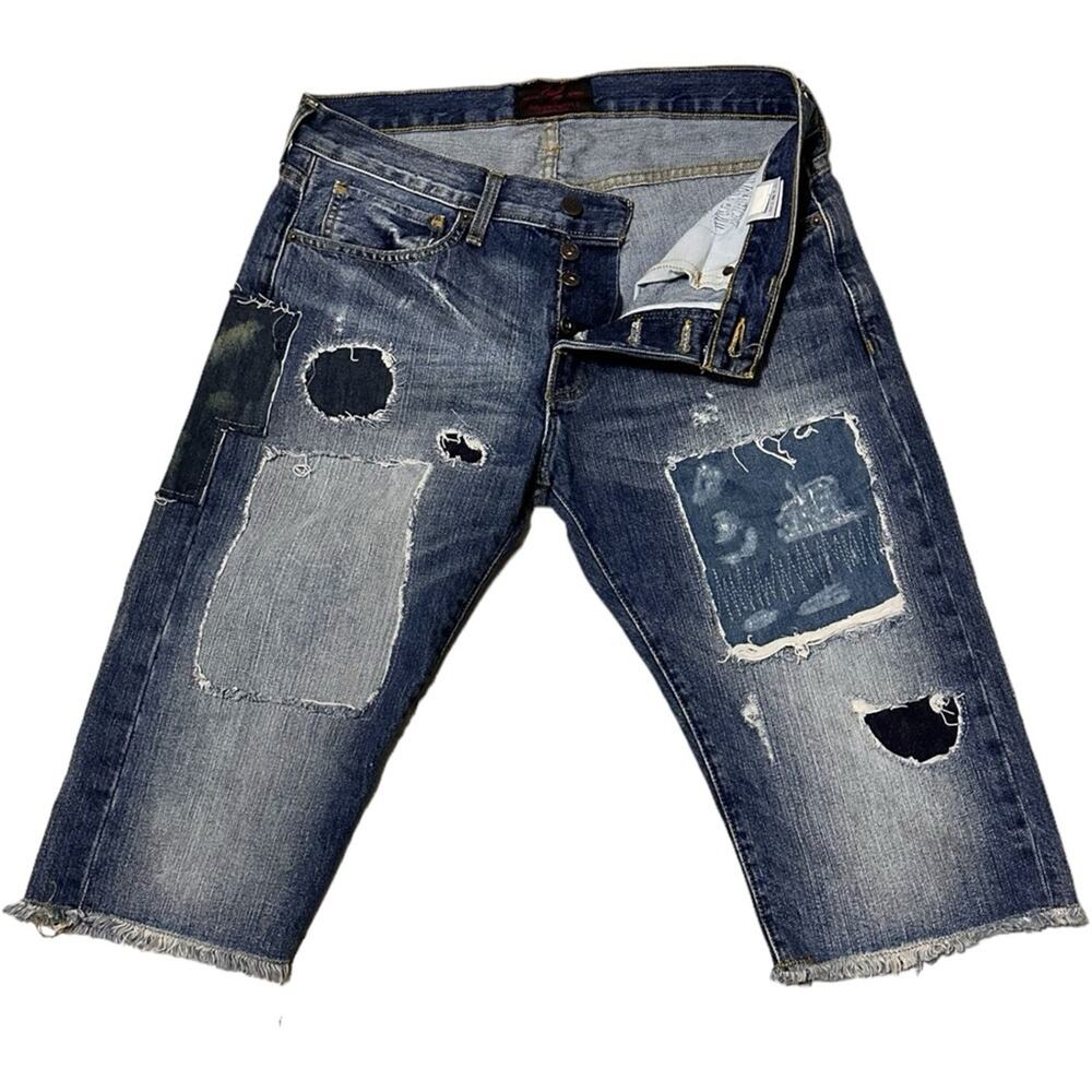 FOURTH OF NOVEMBER Men’s Distressed Patched Raw Hem Knee Length Blue Shorts 34